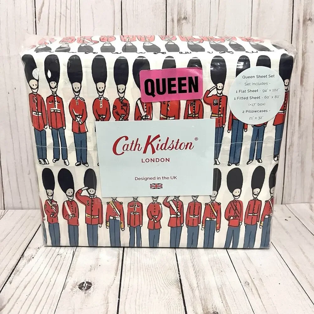 NEW Cath Kidston Queen Sheet Set 4pc London Guards Print 100% Cotton 200 Thread